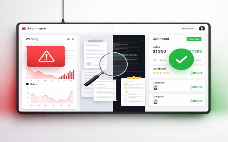 Shopify Google Merchant Center misrepresentation suspension fix showing ecommerce SEO audit dashboard, compliance check process, and approved GMC account optimization