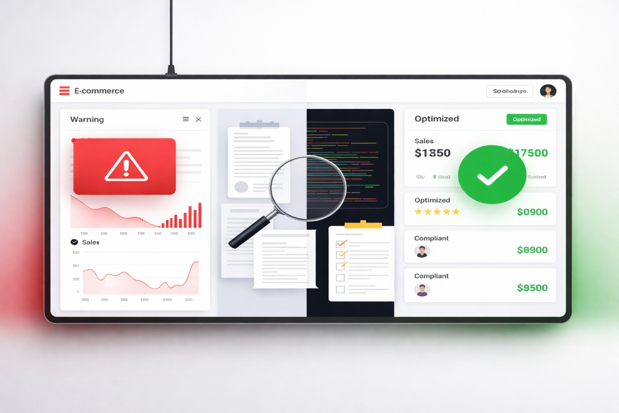 Shopify Google Merchant Center misrepresentation suspension fix showing ecommerce SEO audit dashboard, compliance check process, and approved GMC account optimization