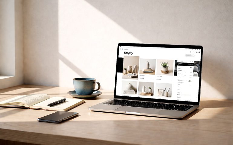 Shopify AI store builder SEO dashboard displayed on a laptop, showing product listings and automated store setup interface.