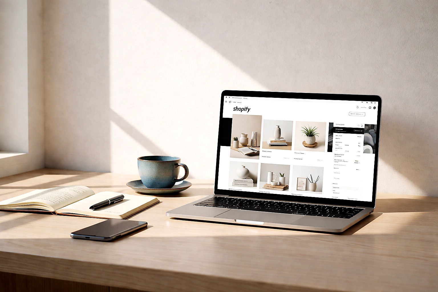 Shopify AI store builder SEO dashboard displayed on a laptop, showing product listings and automated store setup interface.