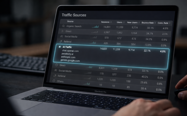 Laptop showing analytics dashboard with highlighted AI traffic sources and metrics.
