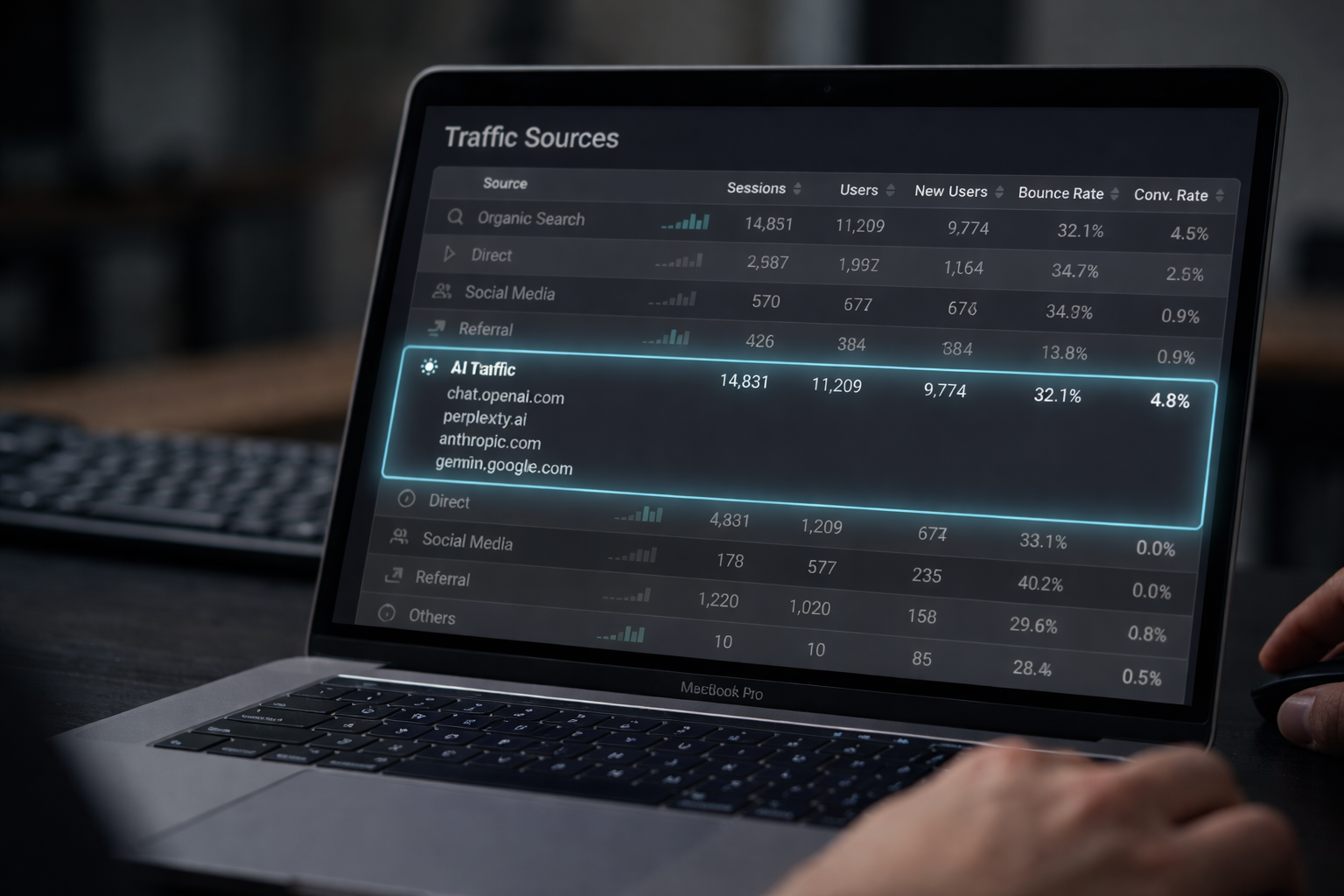 Laptop showing analytics dashboard with highlighted AI traffic sources and metrics.