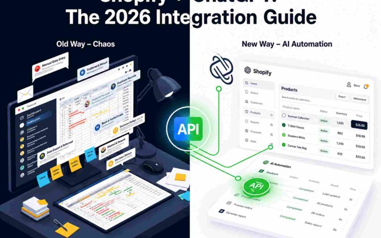 A professional isometric illustration demonstrating a Shopify ChatGPT integration guide in action
