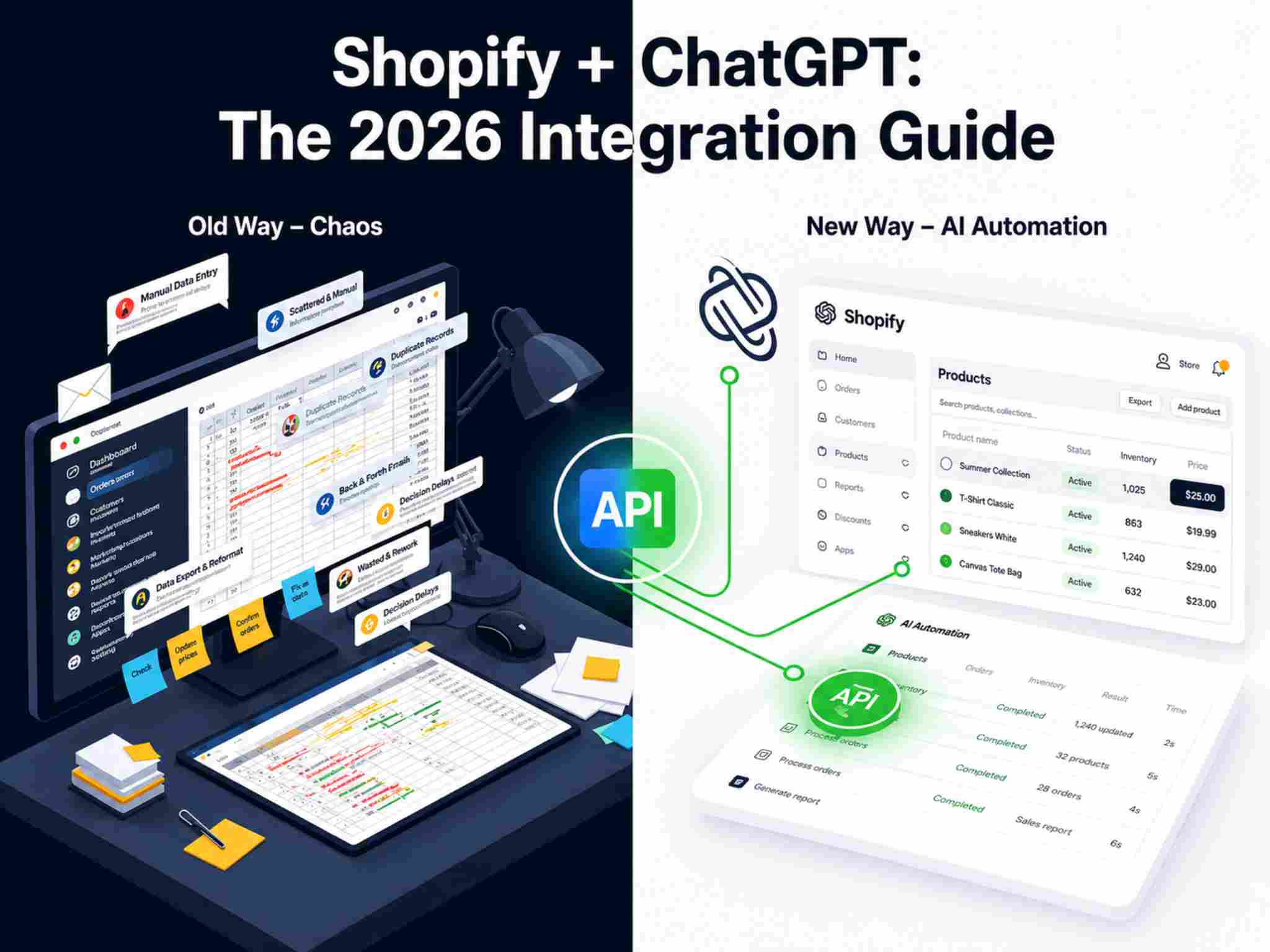 A professional isometric illustration demonstrating a Shopify ChatGPT integration guide in action