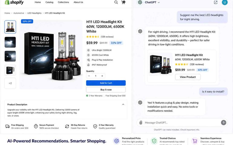 ChatGPT for Shopify chatbot showing product recommendations on a Shopify store