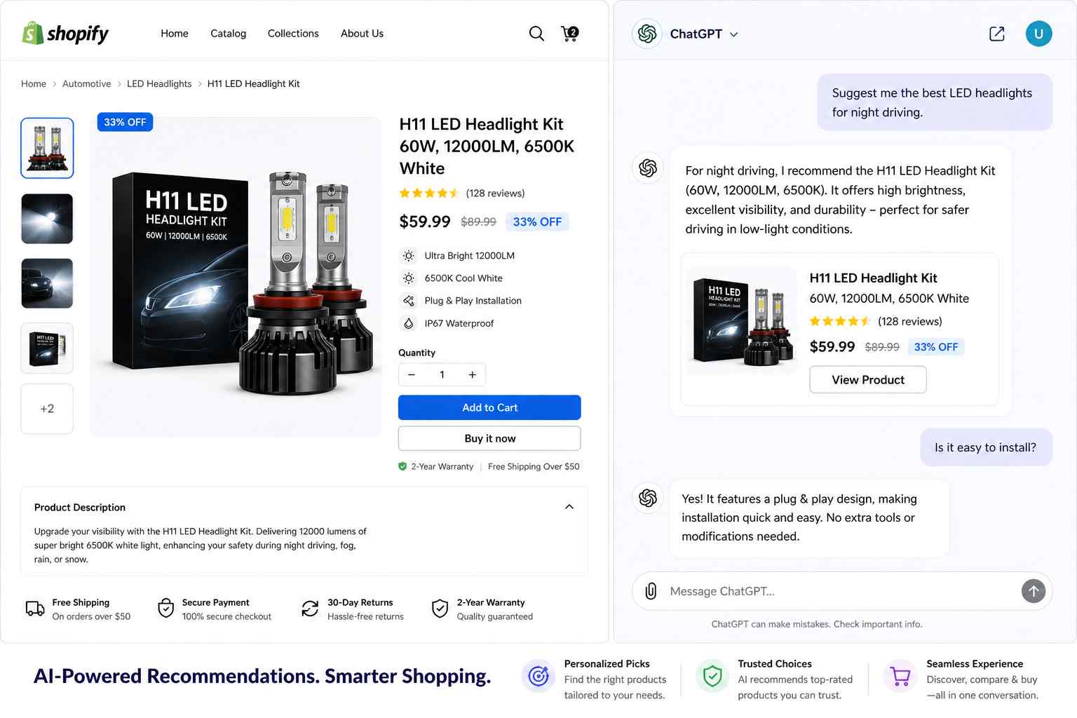 ChatGPT for Shopify chatbot showing product recommendations on a Shopify store