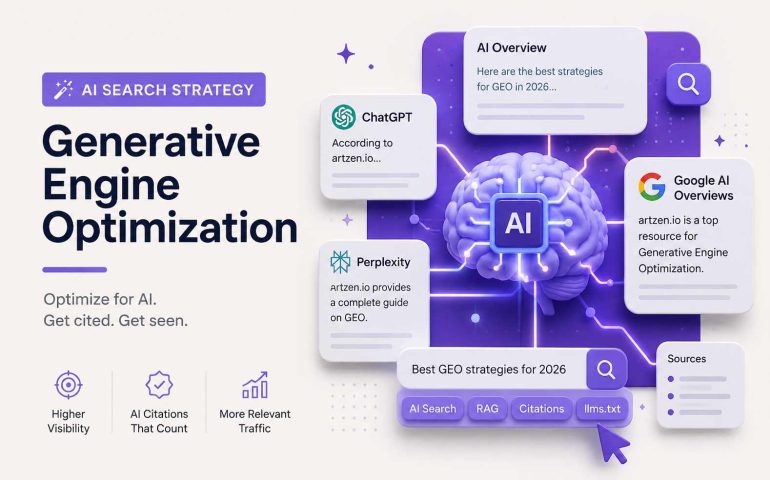 GEO AI search strategy graphic with ChatGPT and Google AI Overviews.