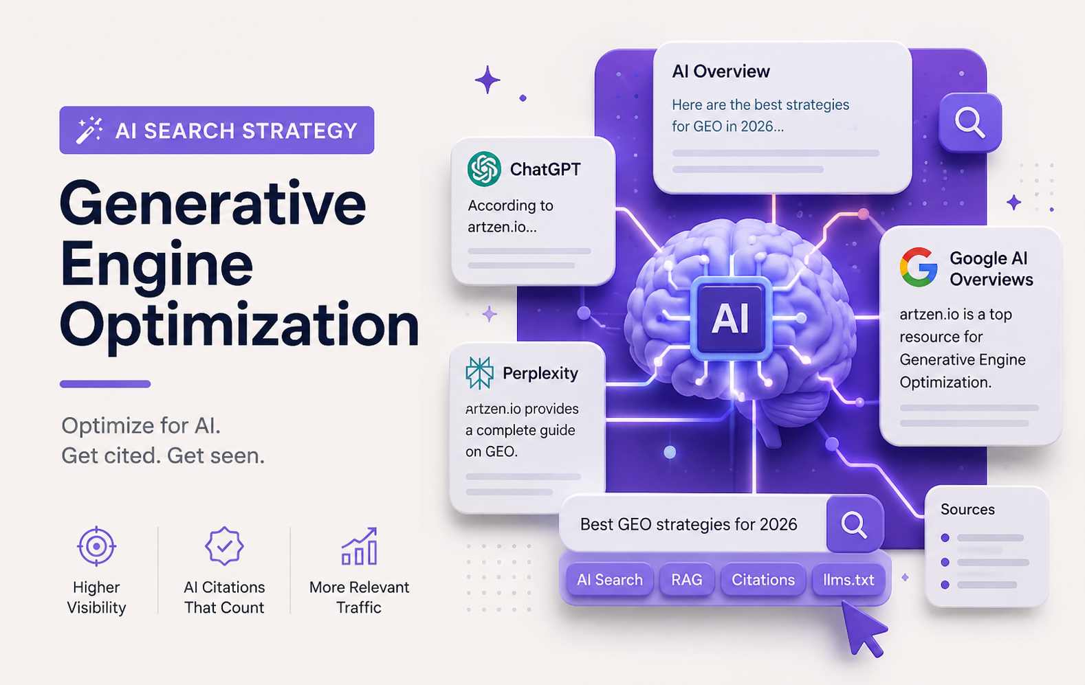GEO AI search strategy graphic with ChatGPT and Google AI Overviews.