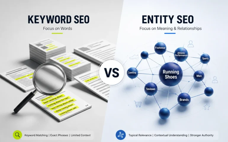 Diagram comparing keyword SEO and entity SEO strategies
